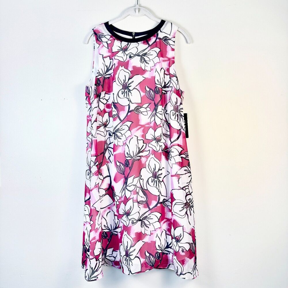 SLNY Dress Women 12 Pink Navy White Floral Sleeveless Sheer Shift Tunic NWT